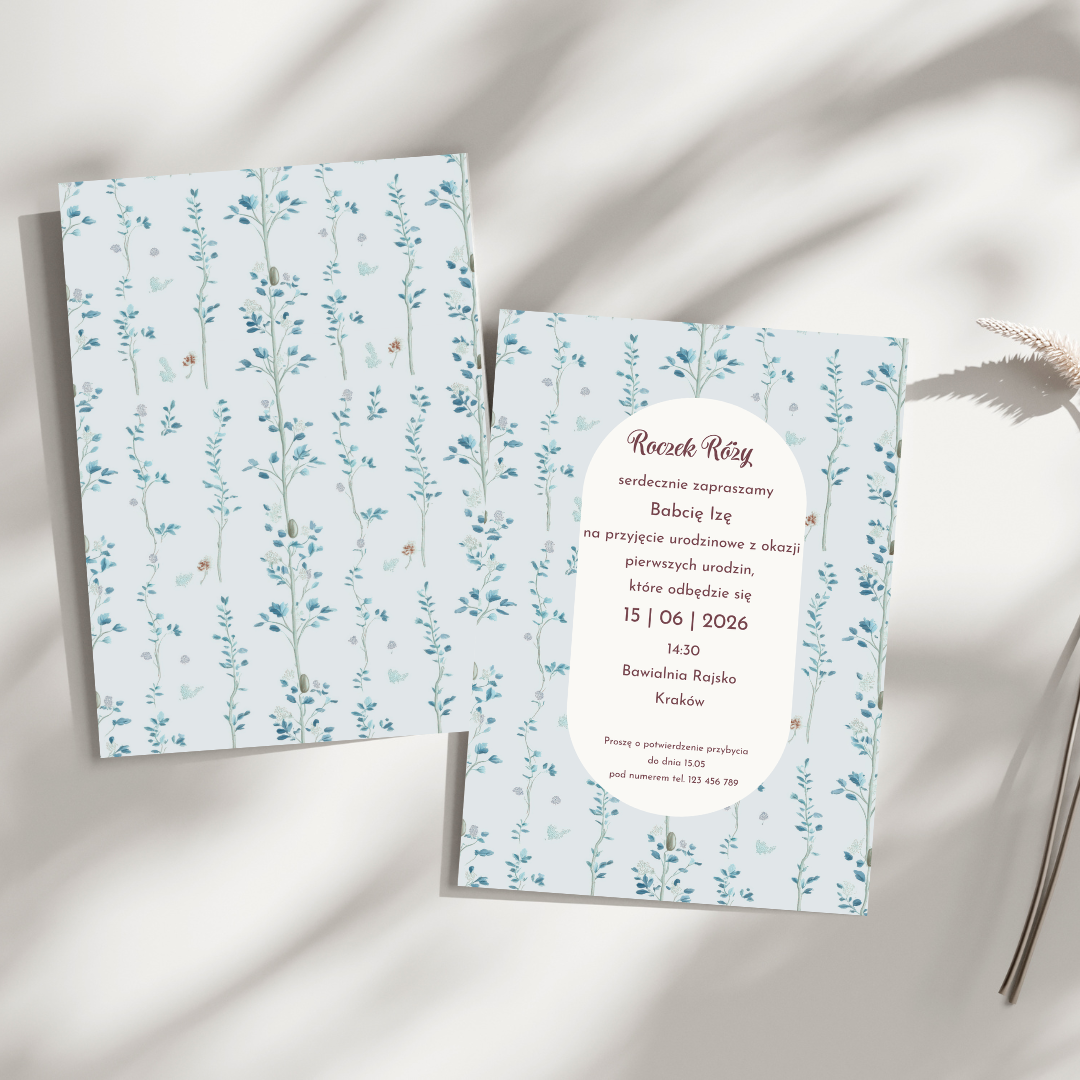 Delikatne personalizowane zaproszenie BABY BLUE