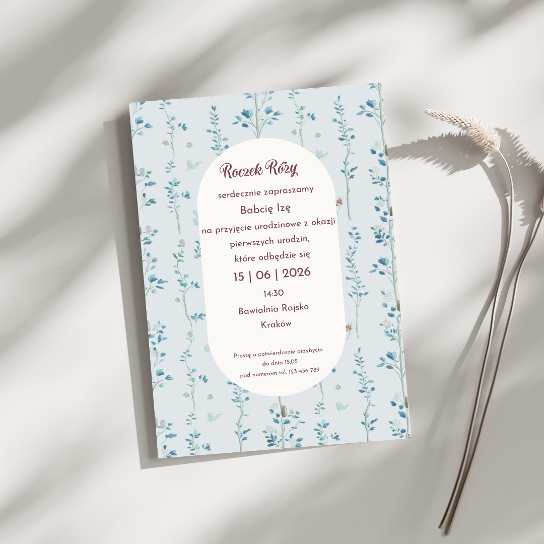 Delikatne personalizowane zaproszenie BABY BLUE